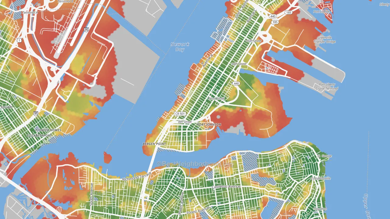 Walk Grade map of Constable Hook, Bayonne, NJ, walkable areas in green and car-dependent areas in red