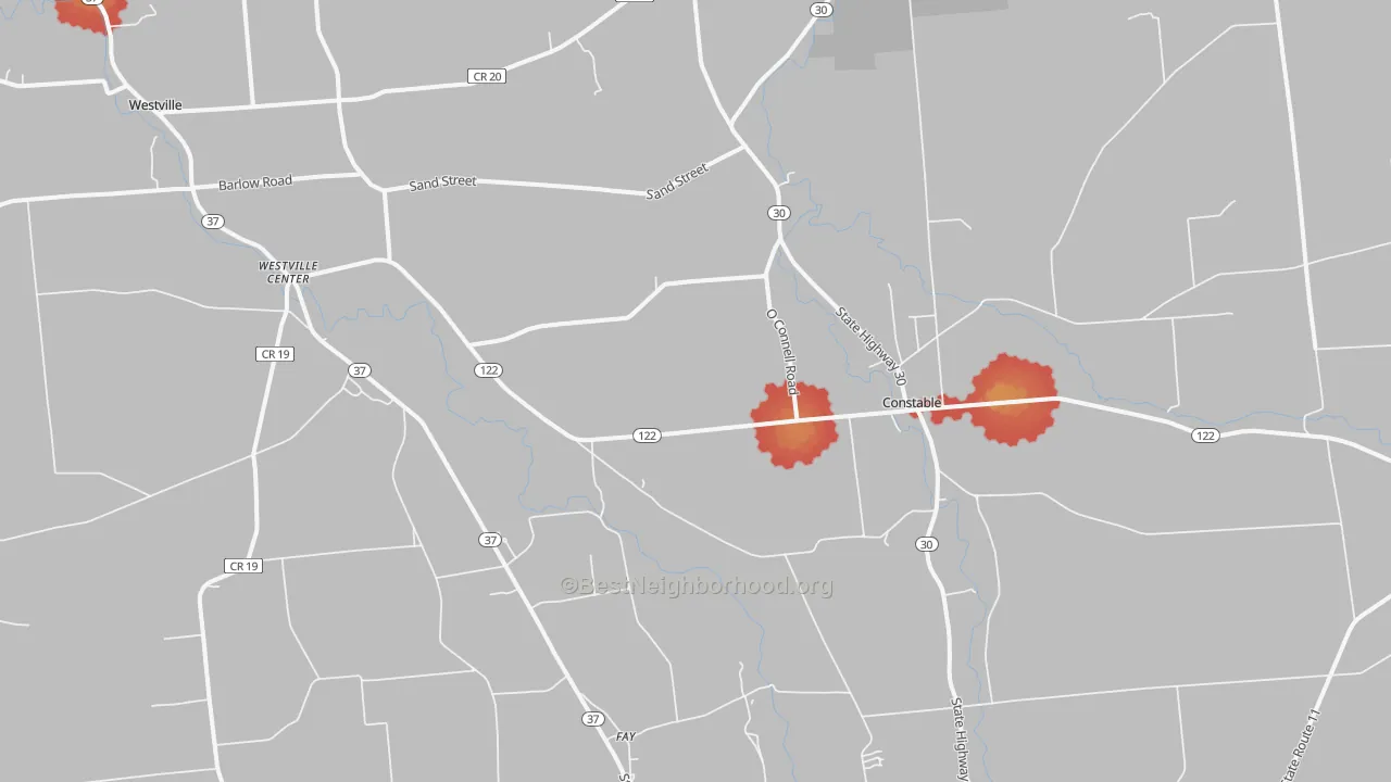 Walk Grade map of Constable, NY, walkable areas in green and car-dependent areas in red