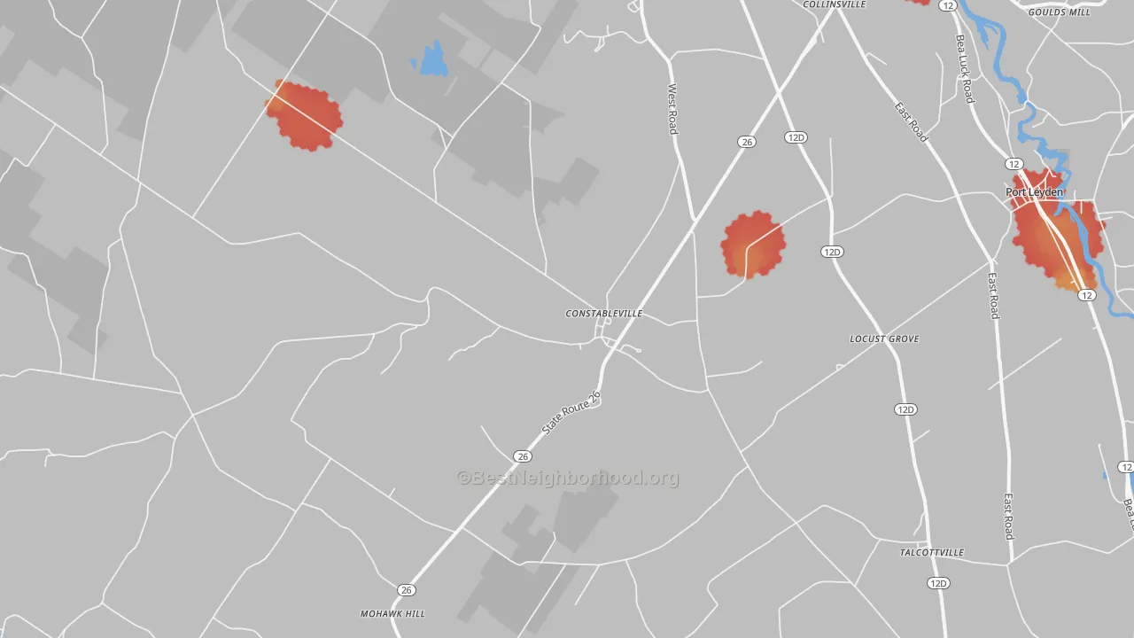 Walk Grade map of Constableville, NY, walkable areas in green and car-dependent areas in red