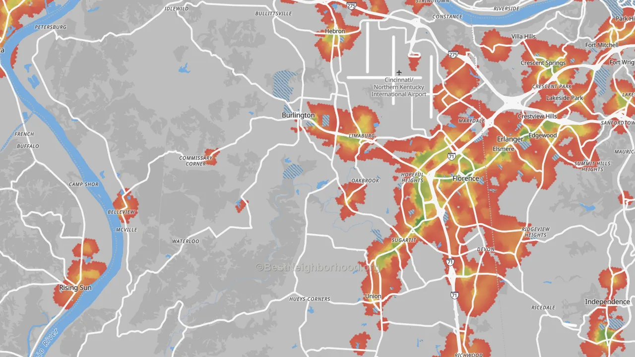 Walk Grade map of Constance, KY, walkable areas in green and car-dependent areas in red