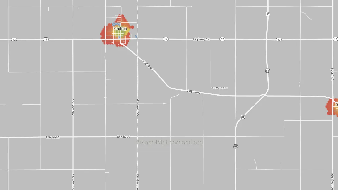 Walk Grade map of Constance, NE, walkable areas in green and car-dependent areas in red
