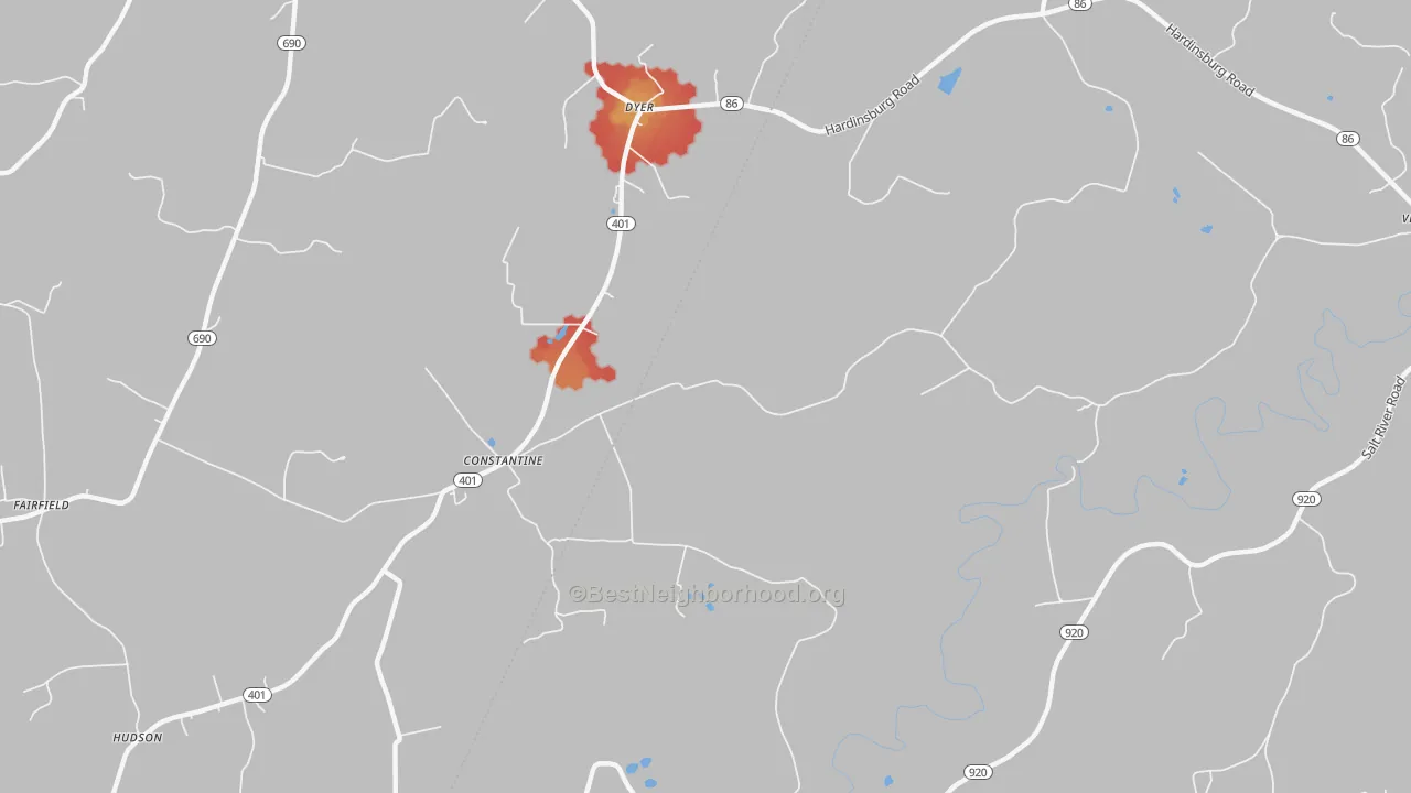 Walk Grade map of Constantine, KY, walkable areas in green and car-dependent areas in red