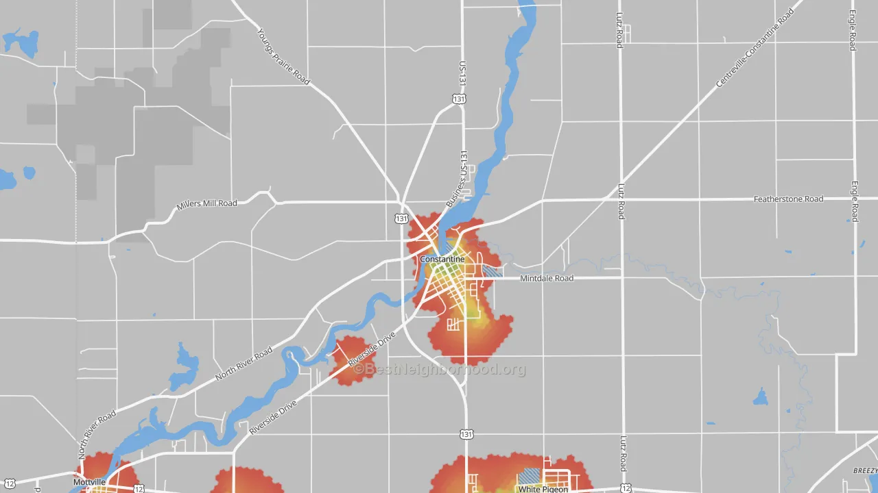 Walk Grade map of Constantine, MI, walkable areas in green and car-dependent areas in red