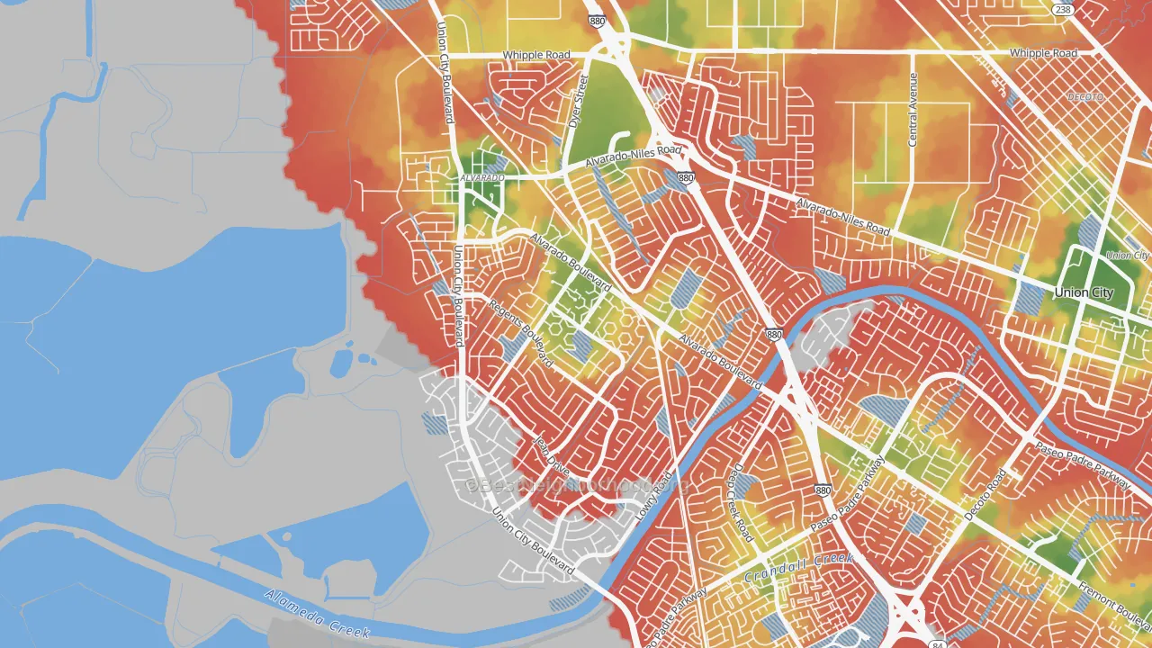 Walk Grade map of Contempo, Union City, CA, walkable areas in green and car-dependent areas in red