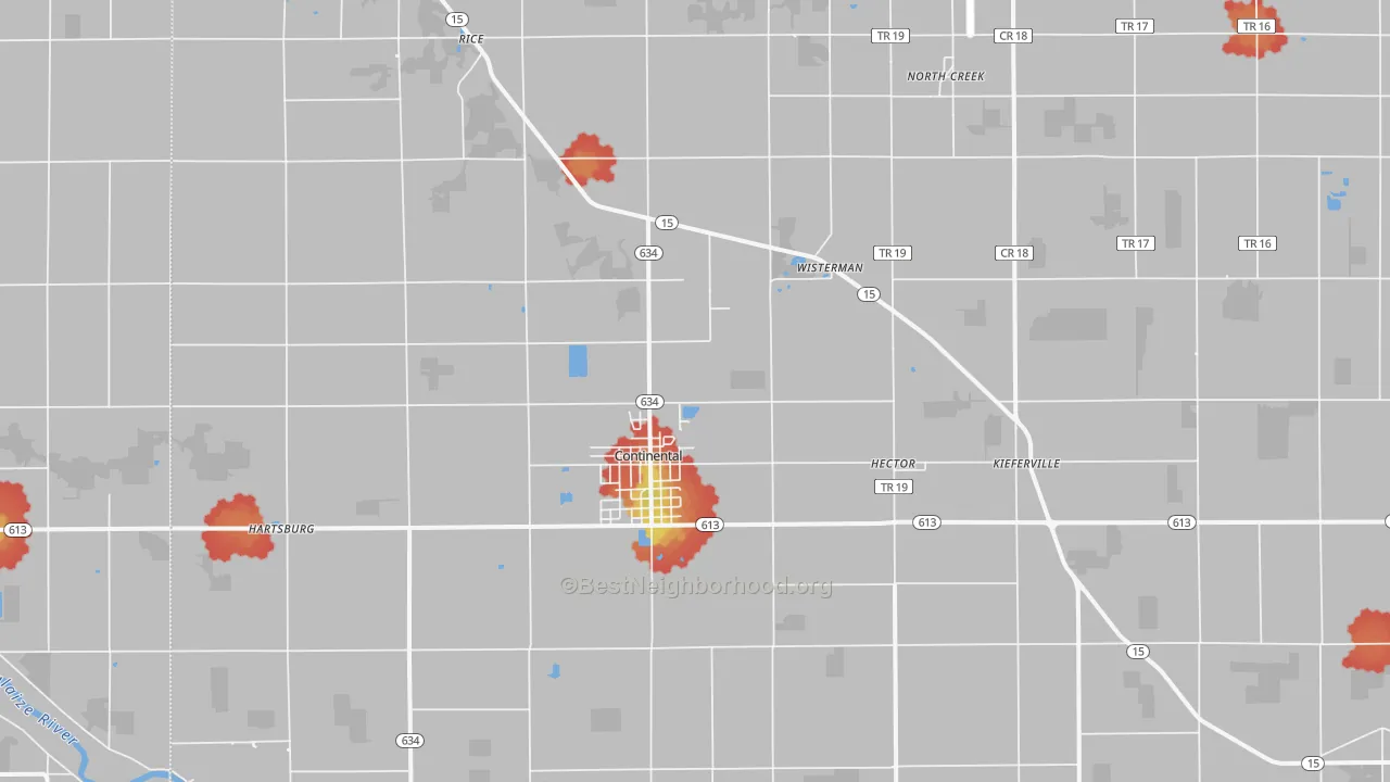 Walk Grade map of Continental, OH, walkable areas in green and car-dependent areas in red