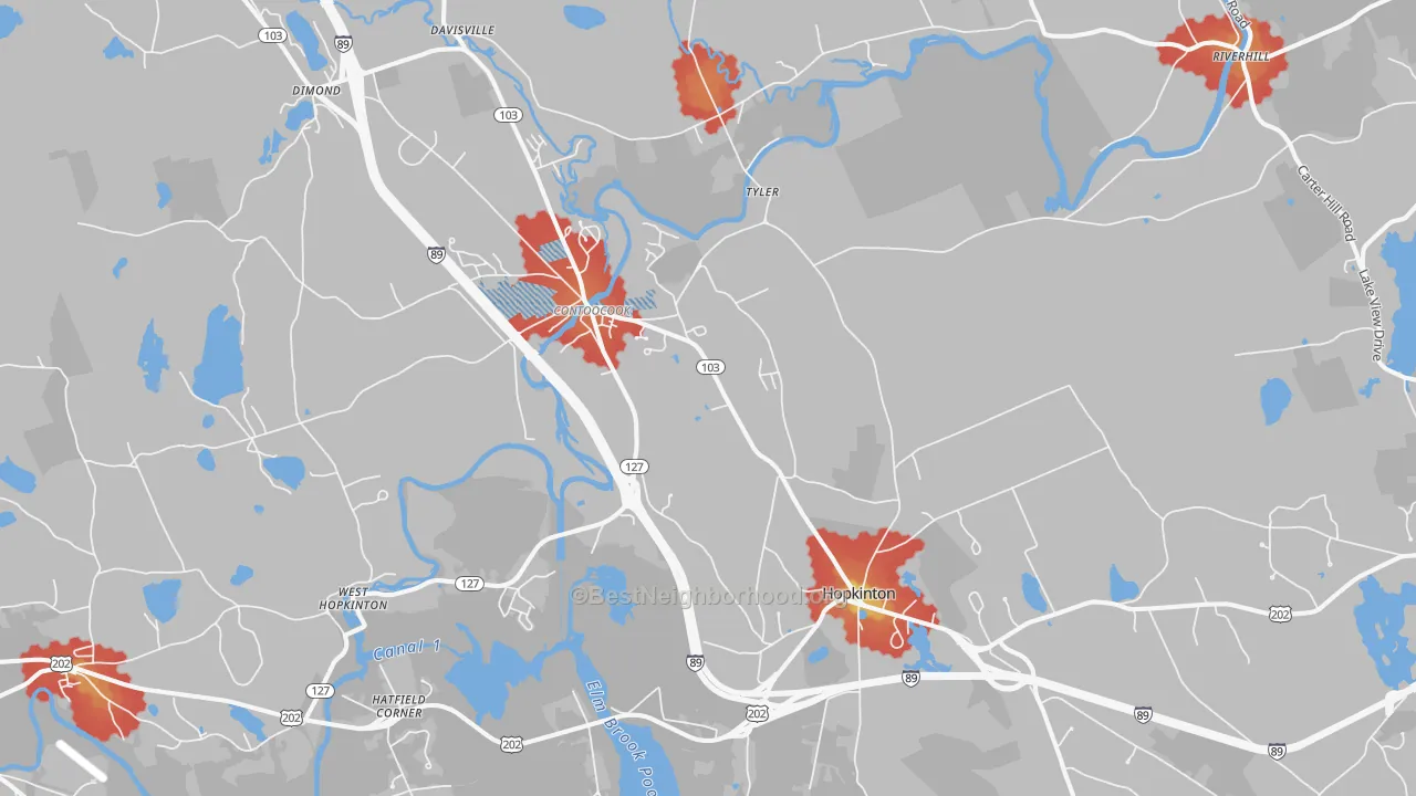 Walk Grade map of Contoocook, NH, walkable areas in green and car-dependent areas in red