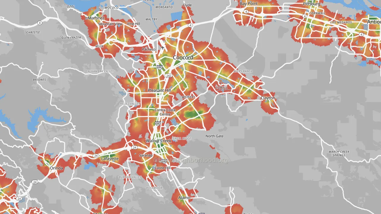 Walk Grade map of Contra Costa County, CA, walkable areas in green and car-dependent areas in red