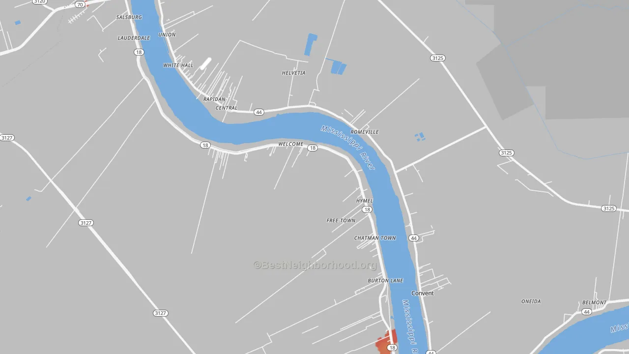 Walk Grade map of Convent, LA, walkable areas in green and car-dependent areas in red
