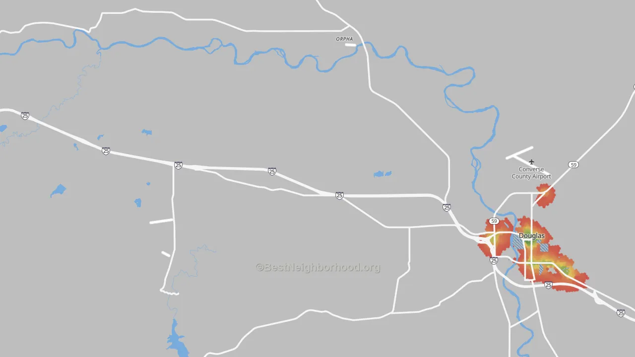 Walk Grade map of Converse County, WY, walkable areas in green and car-dependent areas in red