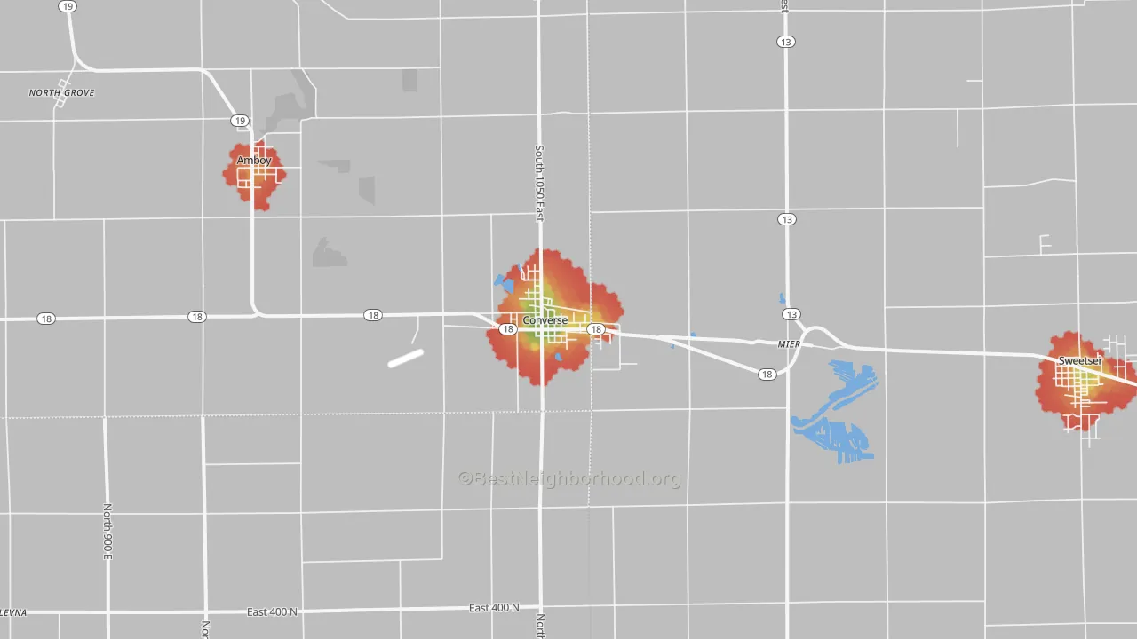 Walk Grade map of Converse, IN, walkable areas in green and car-dependent areas in red