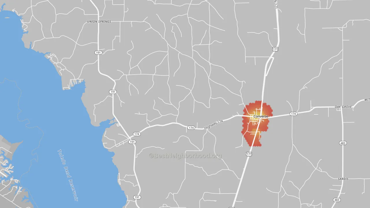 Walk Grade map of Converse, LA, walkable areas in green and car-dependent areas in red