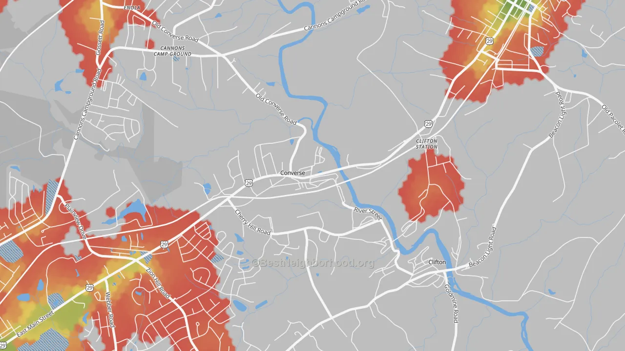 Walk Grade map of Converse, SC, walkable areas in green and car-dependent areas in red