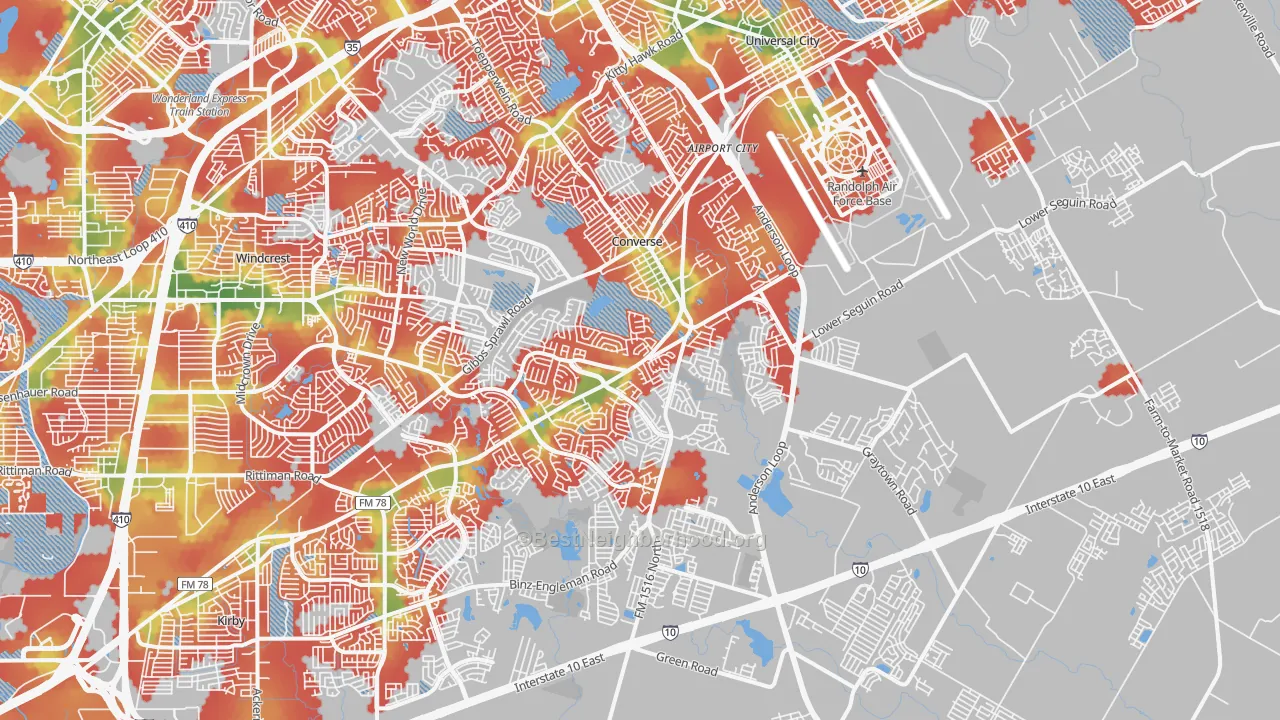 Walk Grade map of Converse, TX, walkable areas in green and car-dependent areas in red