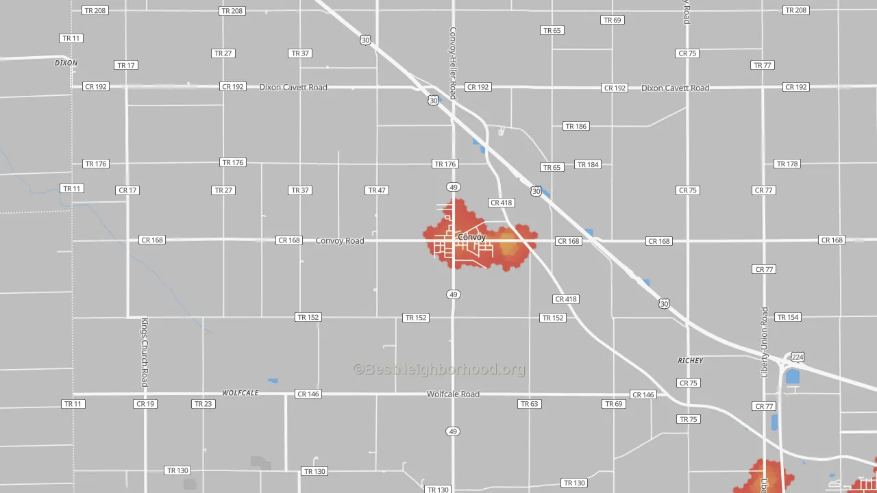 Walk Grade map of Convoy, OH, walkable areas in green and car-dependent areas in red