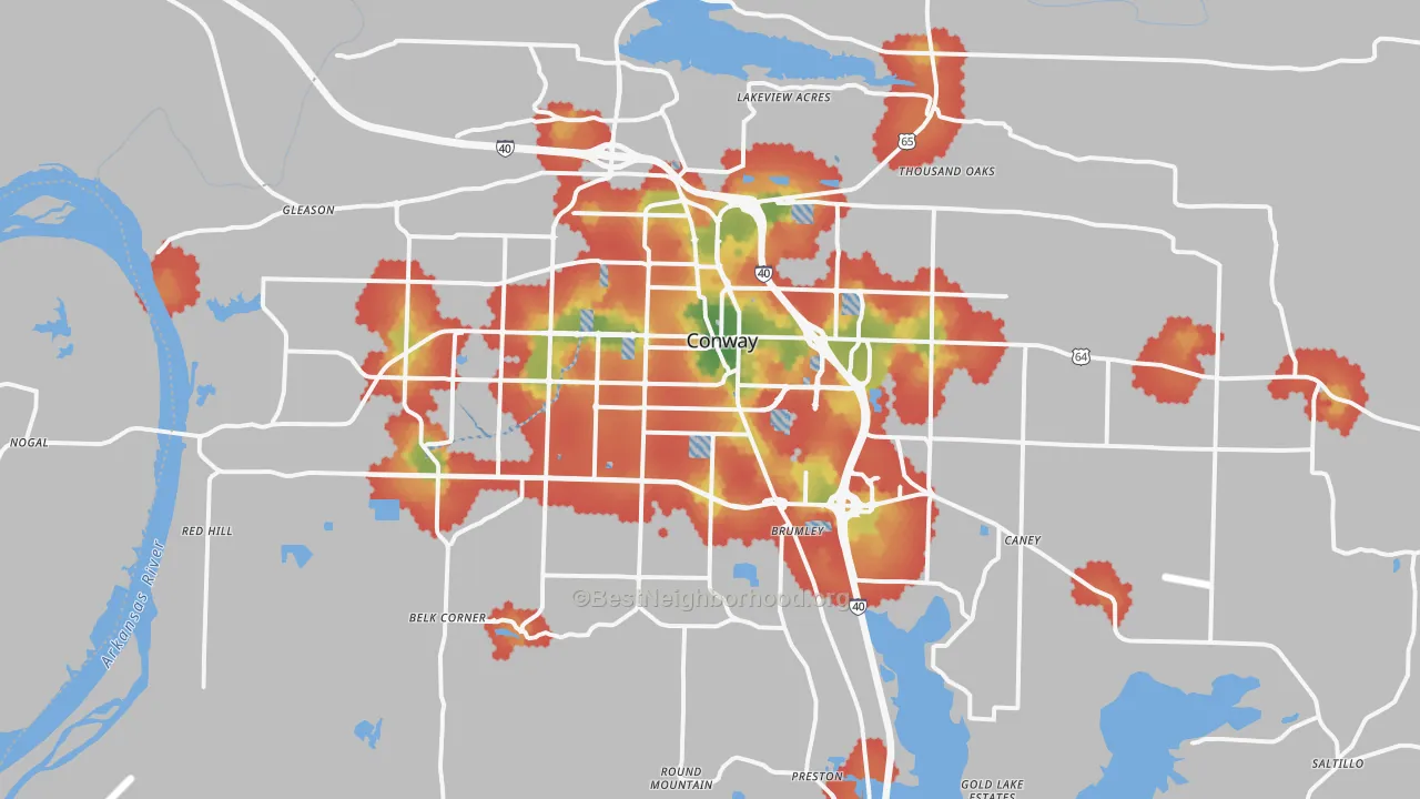 Walk Grade map of Conway, AR, walkable areas in green and car-dependent areas in red