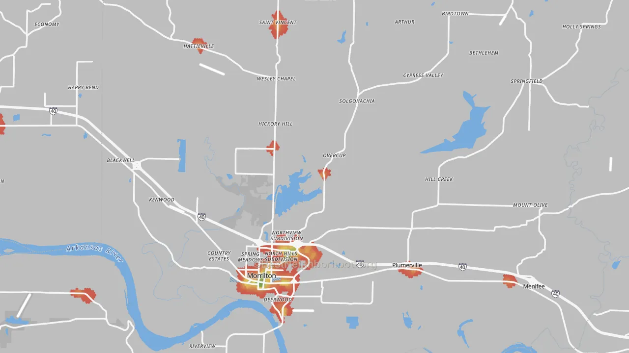 Walk Grade map of Conway County, AR, walkable areas in green and car-dependent areas in red