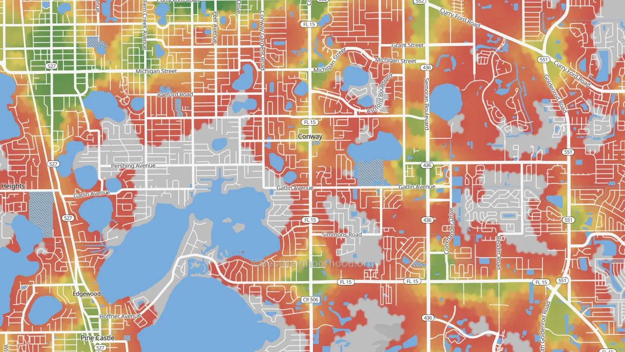 Walk Grade map of Conway, FL, walkable areas in green and car-dependent areas in red