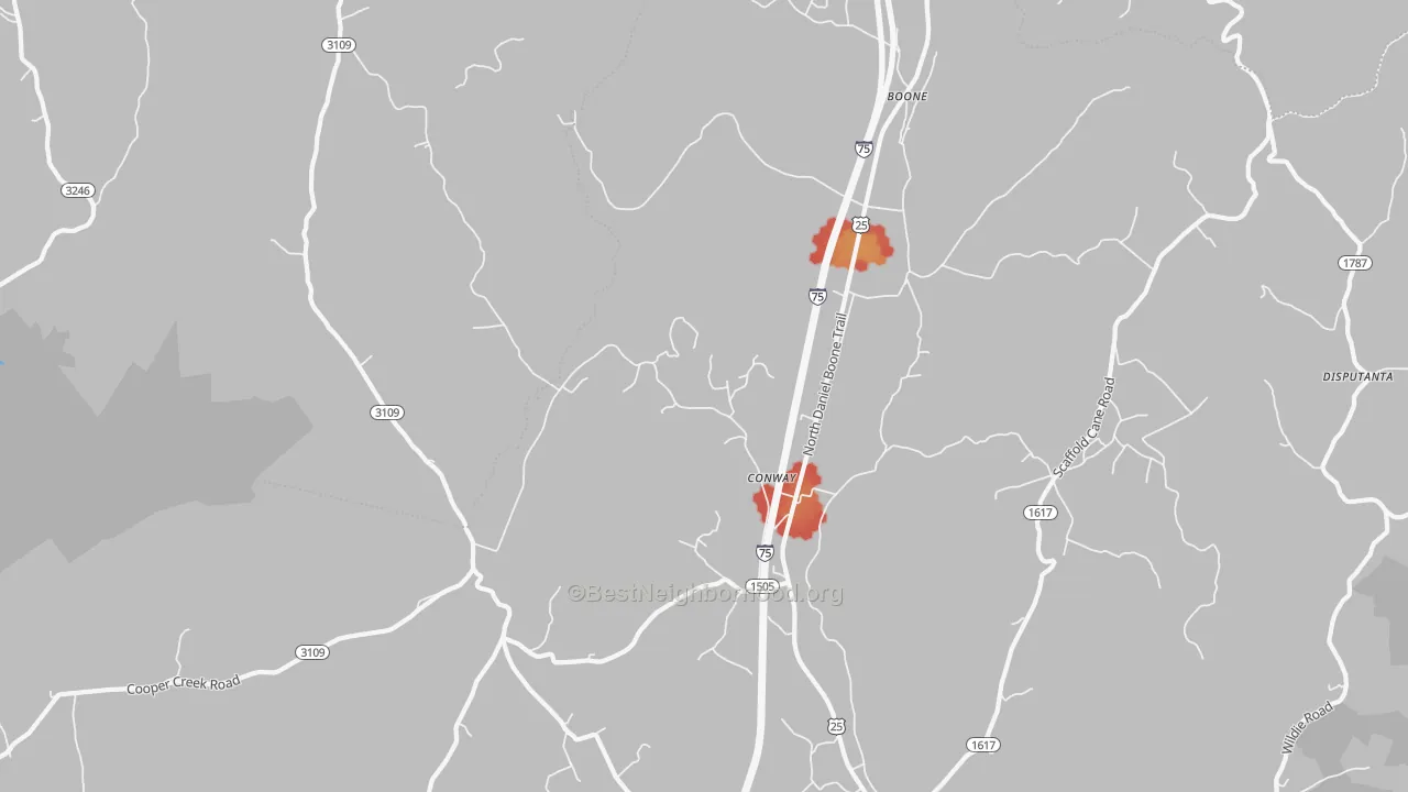 Walk Grade map of Conway, KY, walkable areas in green and car-dependent areas in red