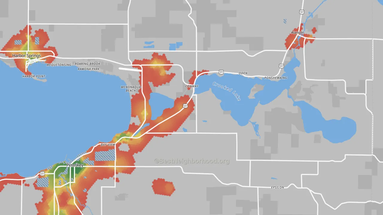 Walk Grade map of Conway, MI, walkable areas in green and car-dependent areas in red