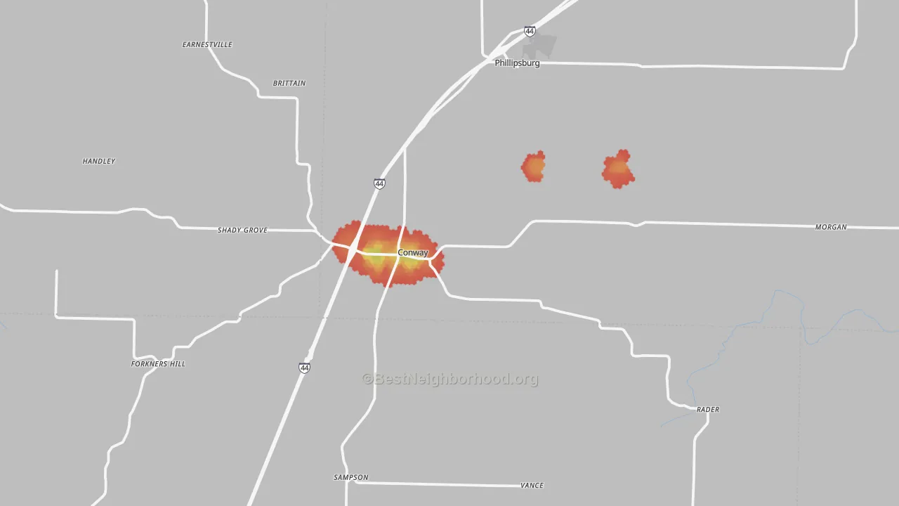 Walk Grade map of Conway, MO, walkable areas in green and car-dependent areas in red