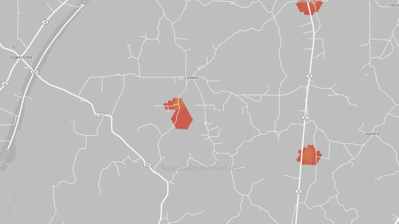 Walk Grade map of Conway, MS, walkable areas in green and car-dependent areas in red