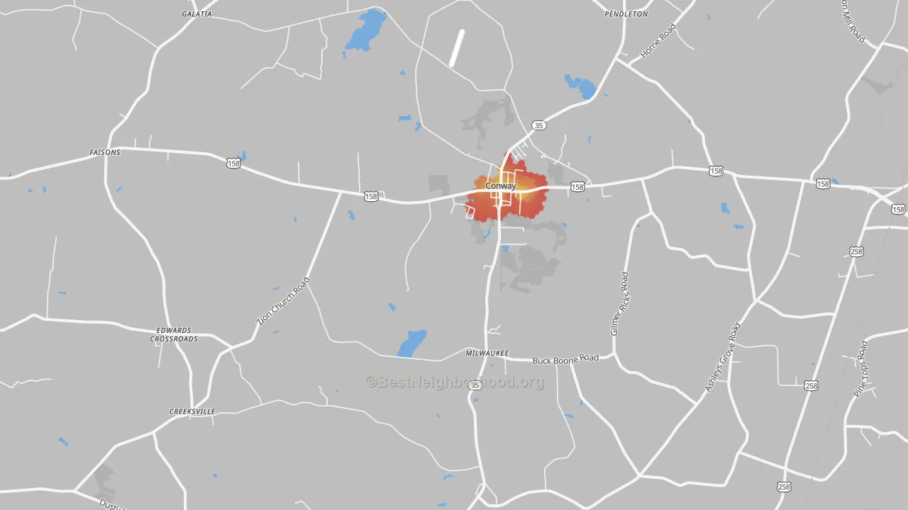 Walk Grade map of Conway, NC, walkable areas in green and car-dependent areas in red