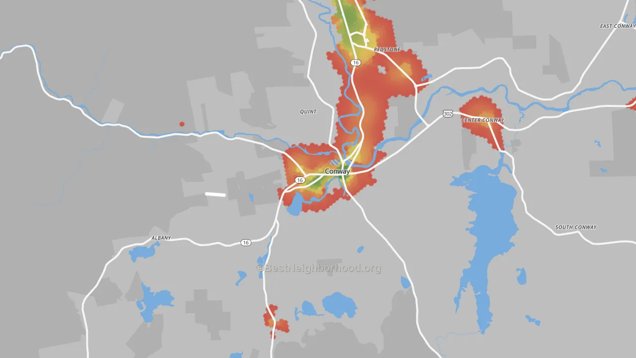 Walk Grade map of Conway, NH, walkable areas in green and car-dependent areas in red
