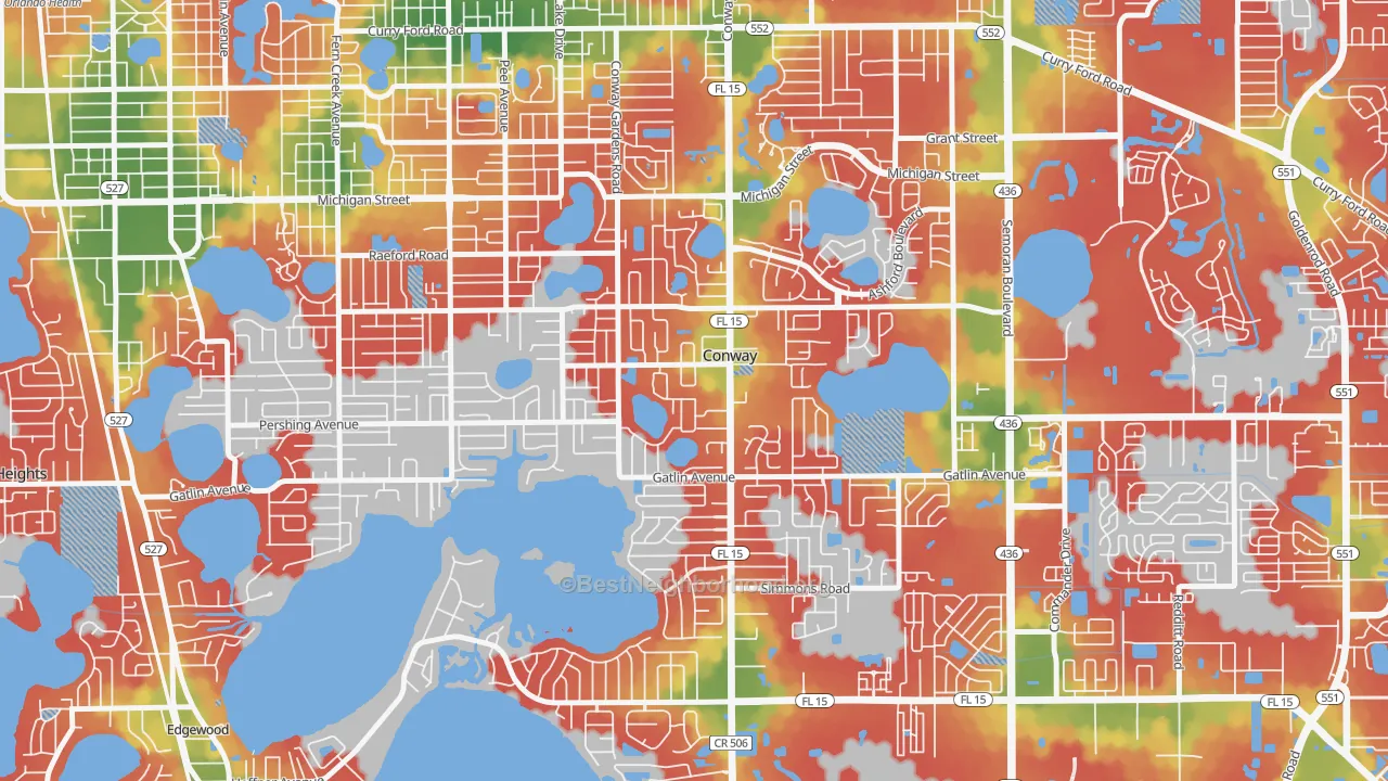 Walk Grade map of Conway, Orlando, FL, walkable areas in green and car-dependent areas in red