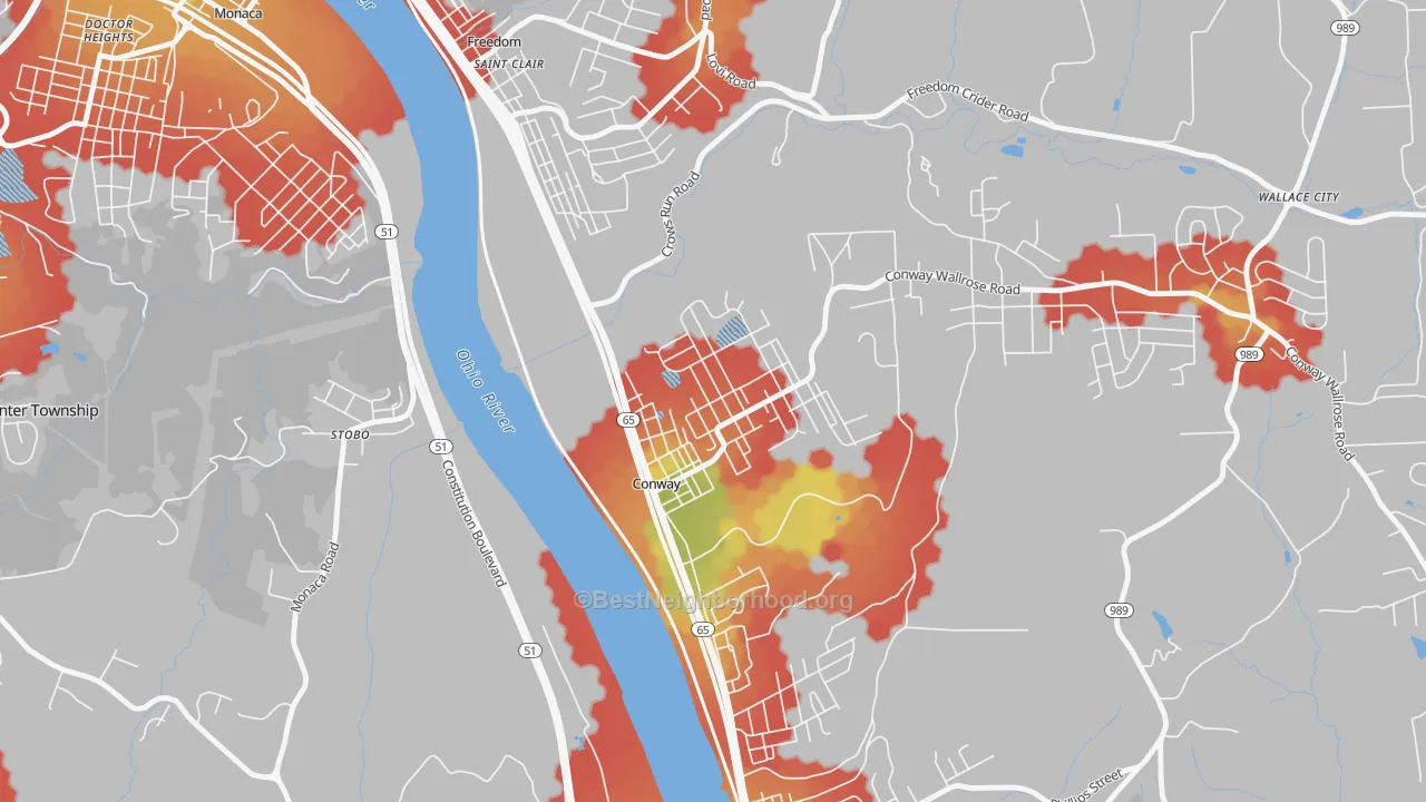 Walk Grade map of Conway, PA, walkable areas in green and car-dependent areas in red