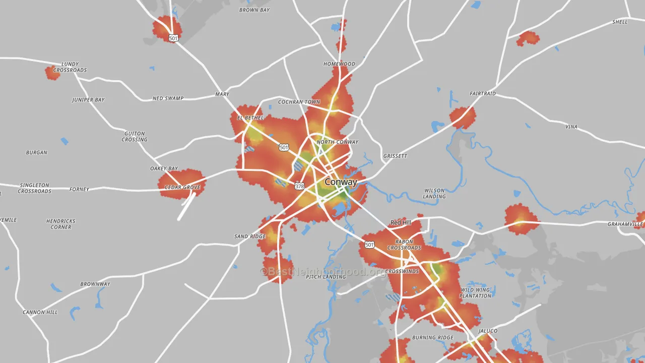 Walk Grade map of Conway, SC, walkable areas in green and car-dependent areas in red