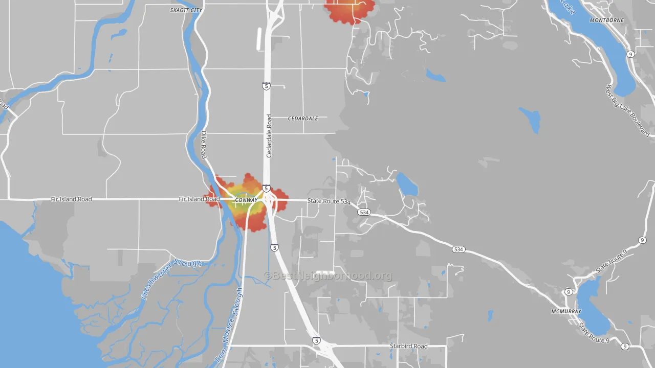 Walk Grade map of Conway, WA, walkable areas in green and car-dependent areas in red
