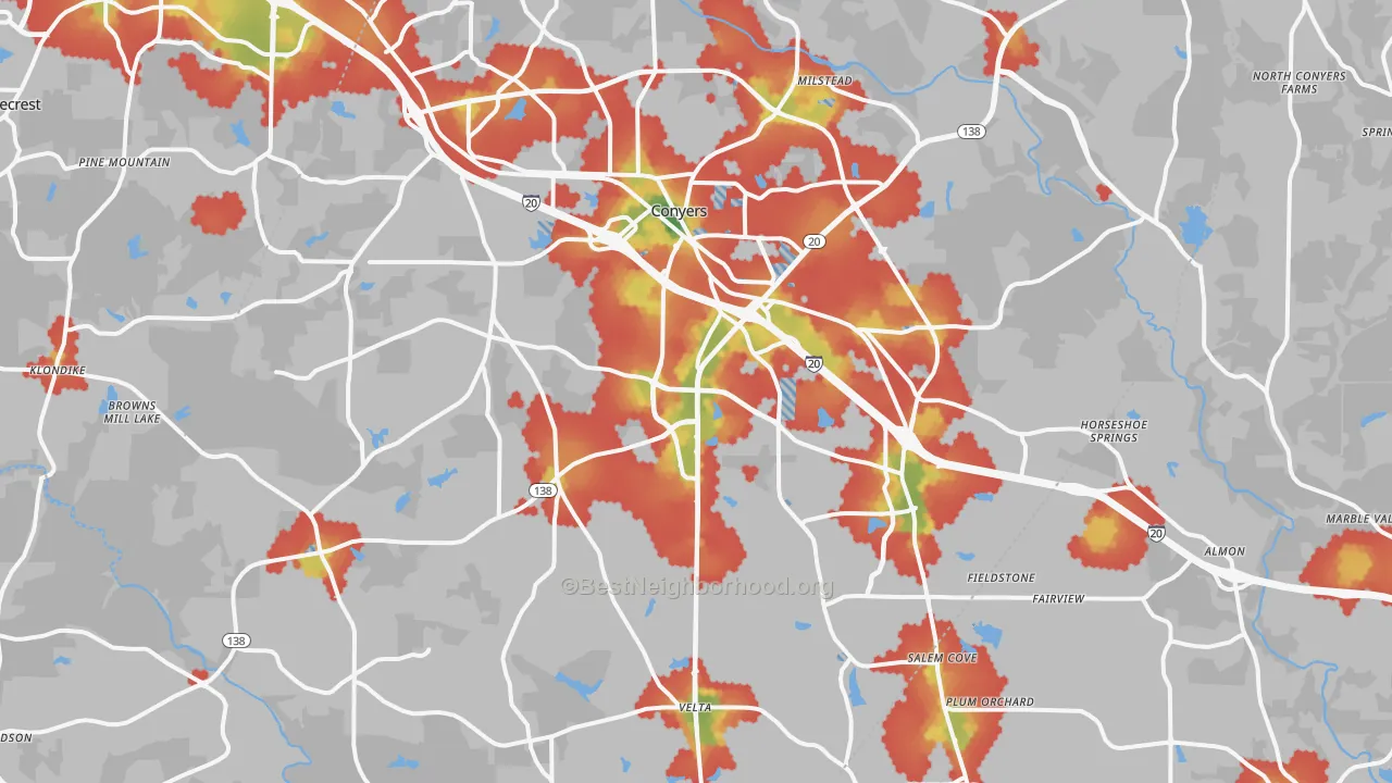 Walk Grade map of Conyers, GA, walkable areas in green and car-dependent areas in red