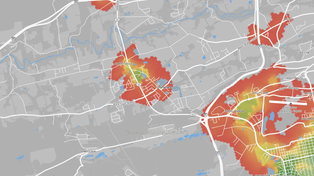 Walk Grade map of Conyngham, PA, walkable areas in green and car-dependent areas in red