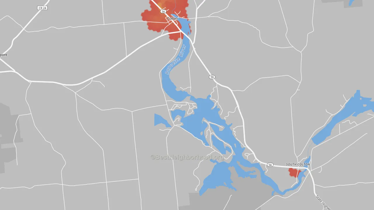 Walk Grade map of Cook Corners, NY, walkable areas in green and car-dependent areas in red
