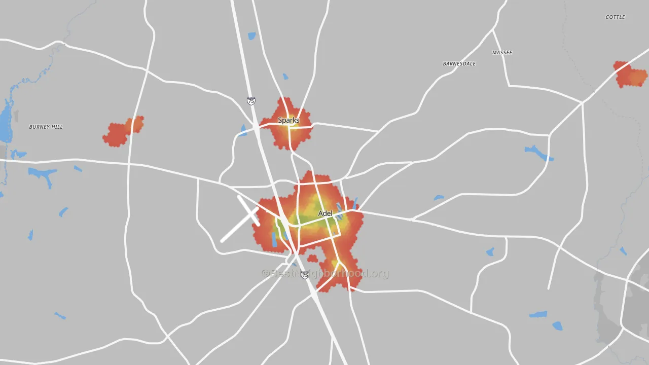 Walk Grade map of Cook County, GA, walkable areas in green and car-dependent areas in red