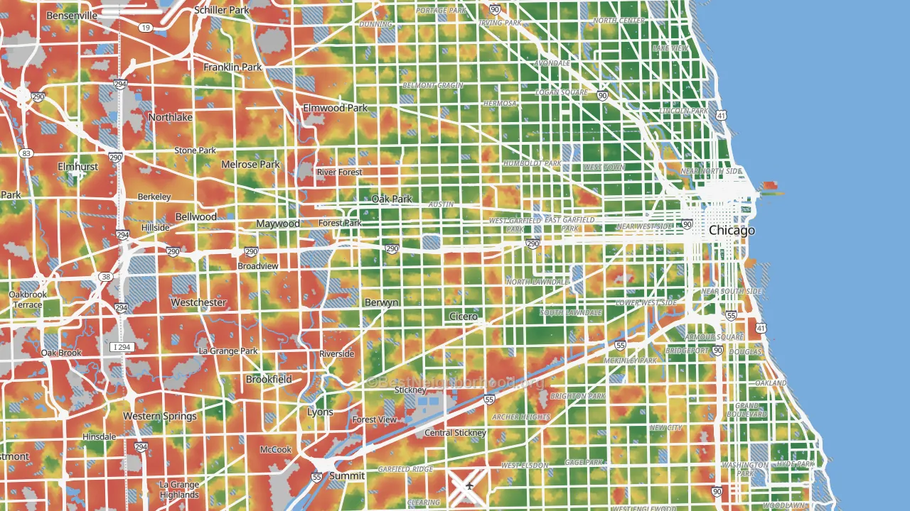Walk Grade map of Cook County, IL, walkable areas in green and car-dependent areas in red