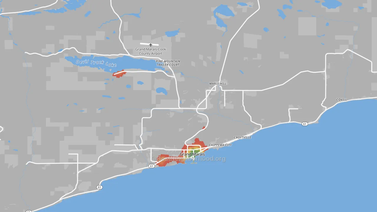 Walk Grade map of Cook County, MN, walkable areas in green and car-dependent areas in red