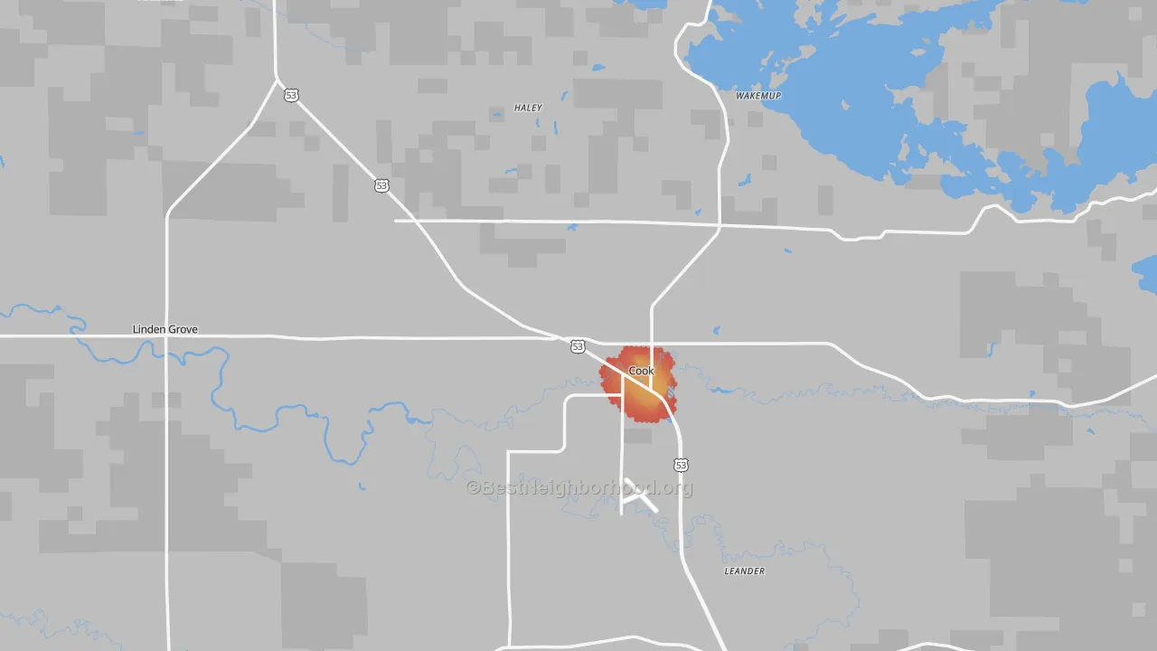 Walk Grade map of Cook, MN, walkable areas in green and car-dependent areas in red