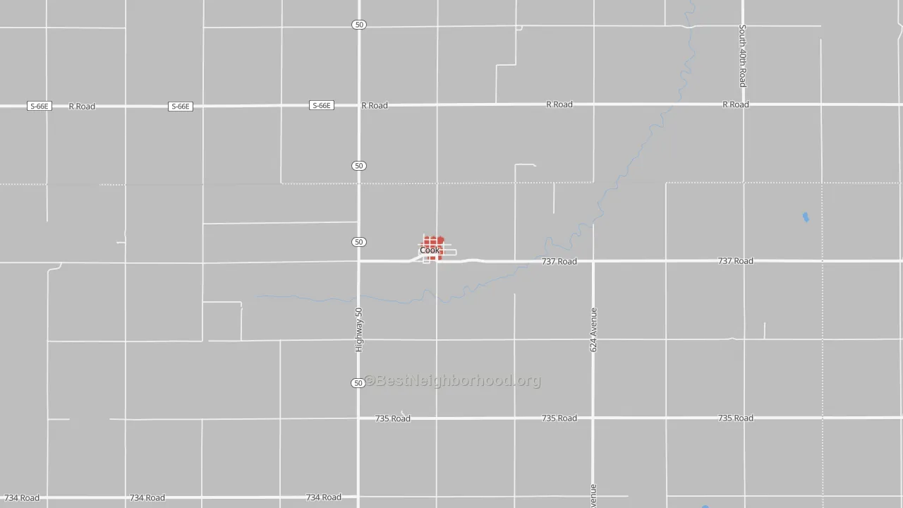 Walk Grade map of Cook, NE, walkable areas in green and car-dependent areas in red