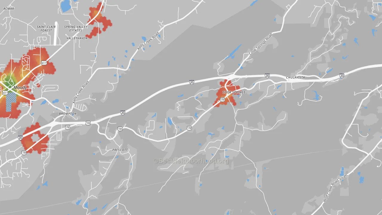 Walk Grade map of Cook Springs, AL, walkable areas in green and car-dependent areas in red