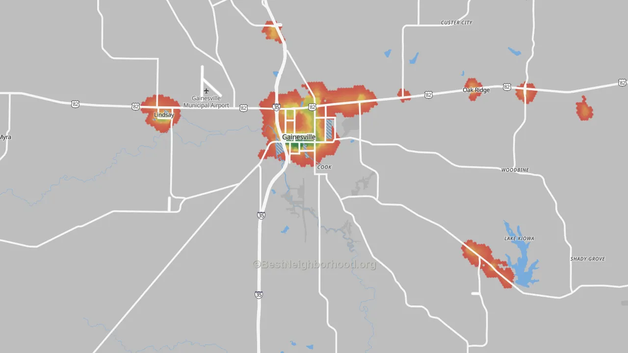 Walk Grade map of Cooke County, TX, walkable areas in green and car-dependent areas in red