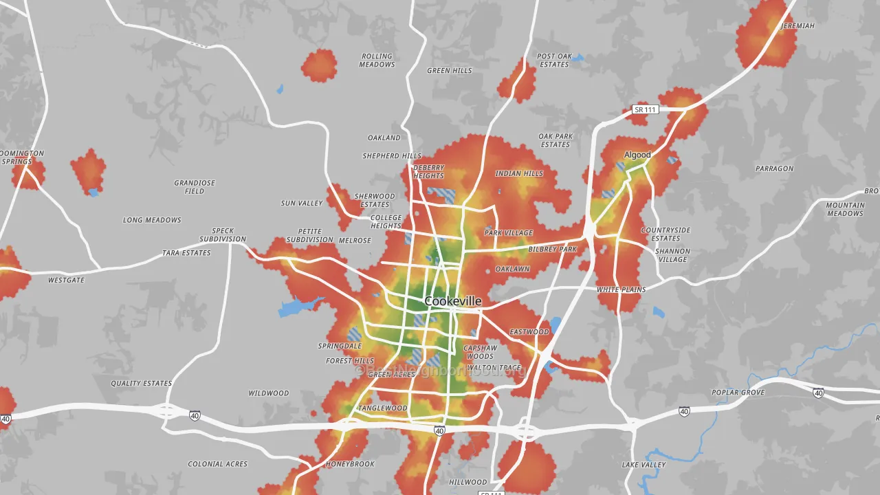 Walk Grade map of Cookeville, TN, walkable areas in green and car-dependent areas in red