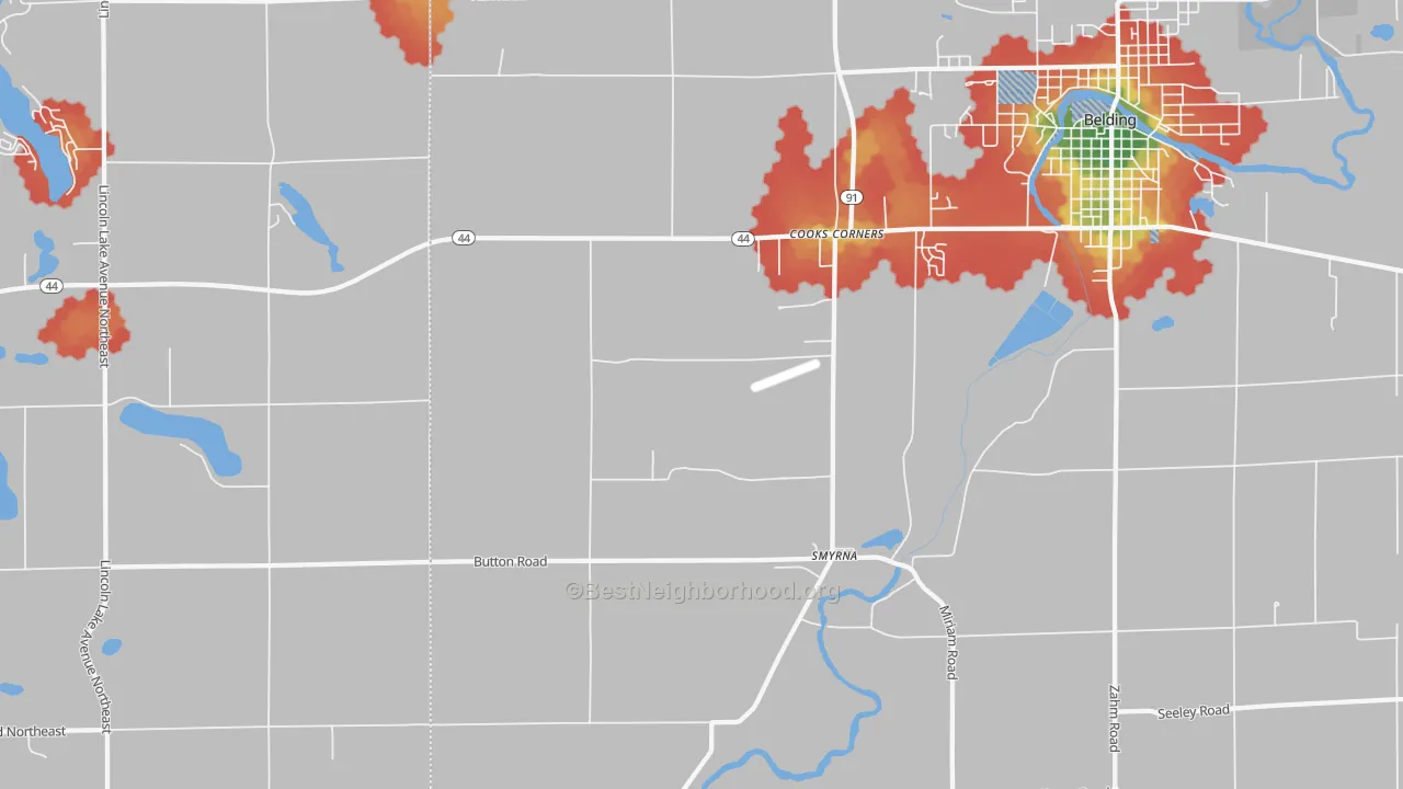 Walk Grade map of Cooks Corners, MI, walkable areas in green and car-dependent areas in red
