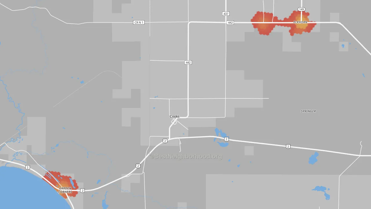 Walk Grade map of Cooks, MI, walkable areas in green and car-dependent areas in red