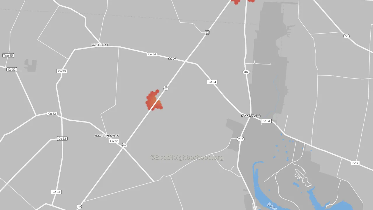Walk Grade map of Cooks, OH, walkable areas in green and car-dependent areas in red