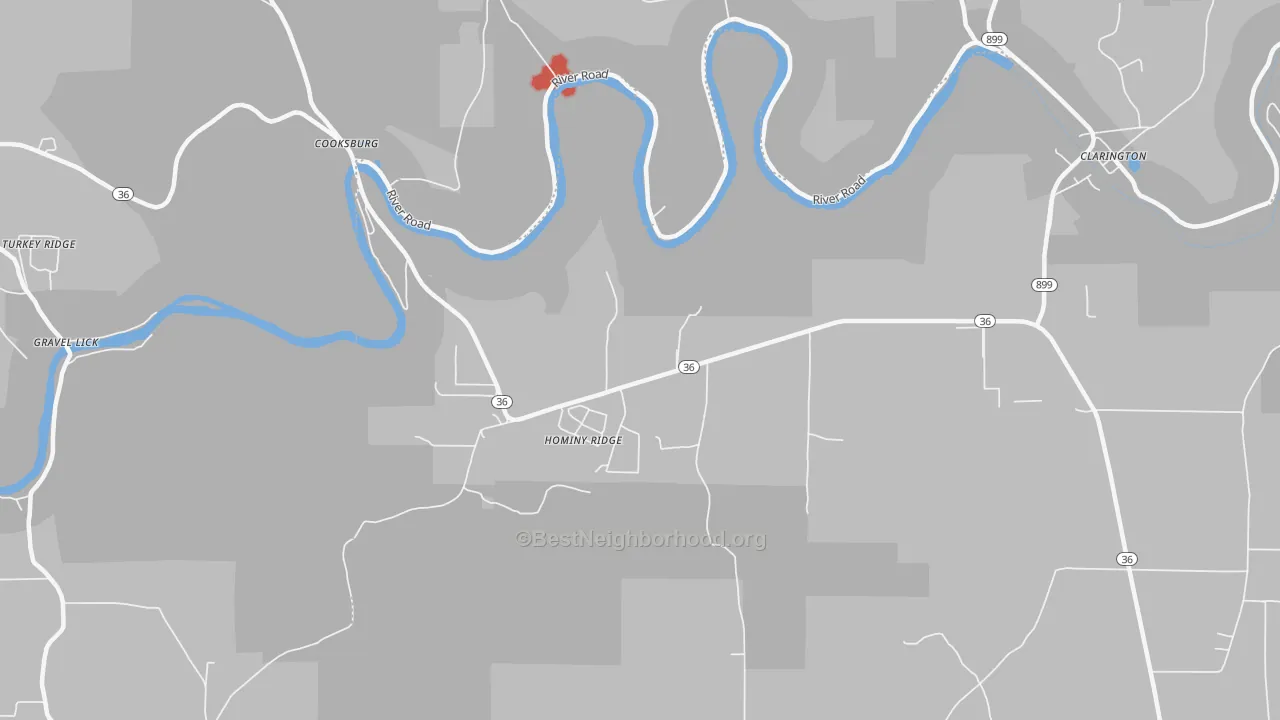 Walk Grade map of Cooksburg, PA, walkable areas in green and car-dependent areas in red