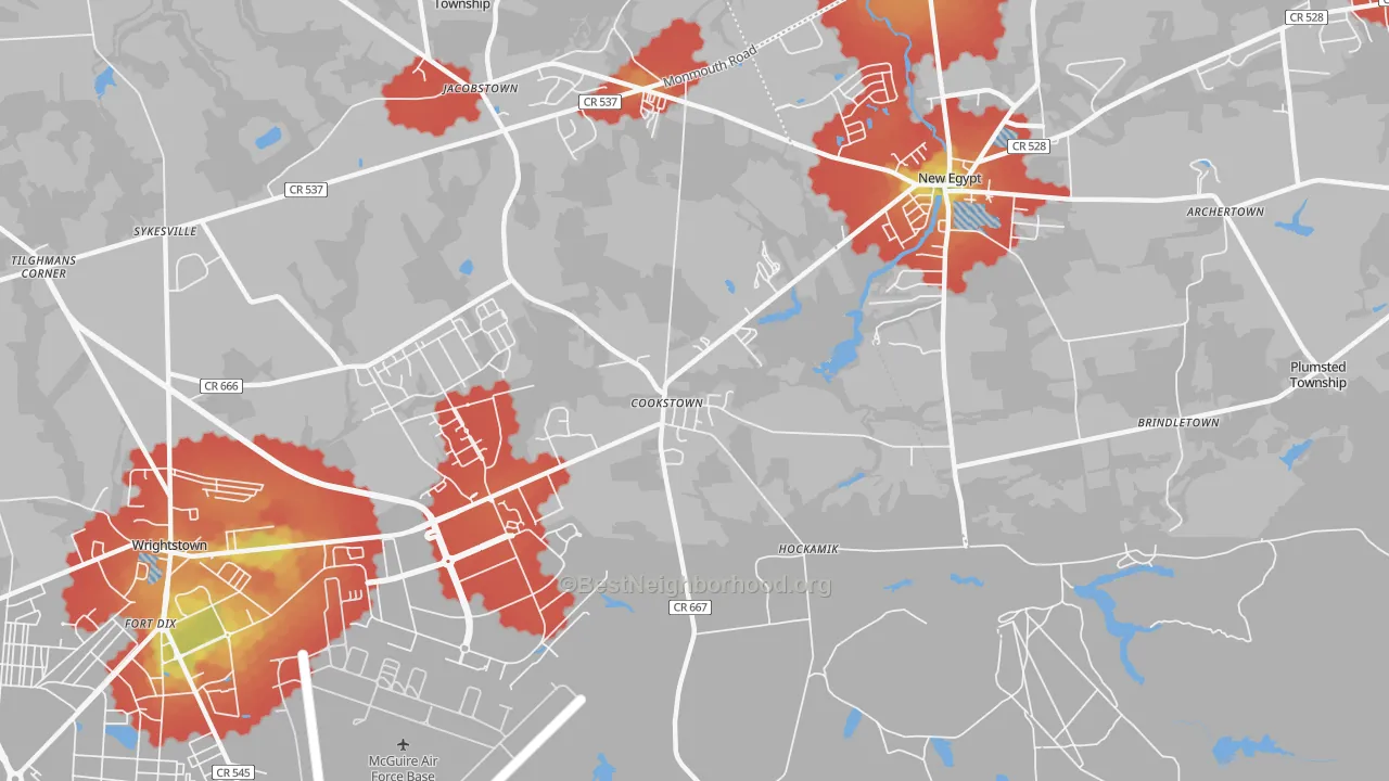 Walk Grade map of Cookstown, NJ, walkable areas in green and car-dependent areas in red