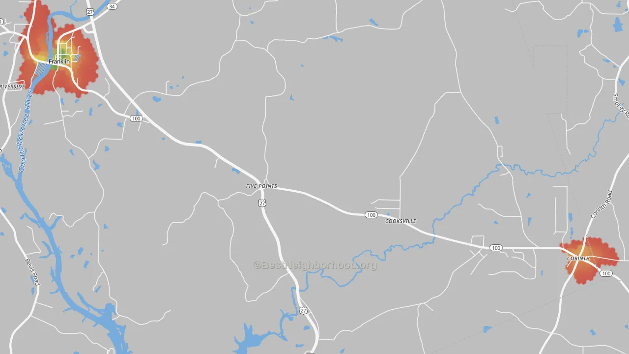 Walk Grade map of Cooksville, GA, walkable areas in green and car-dependent areas in red