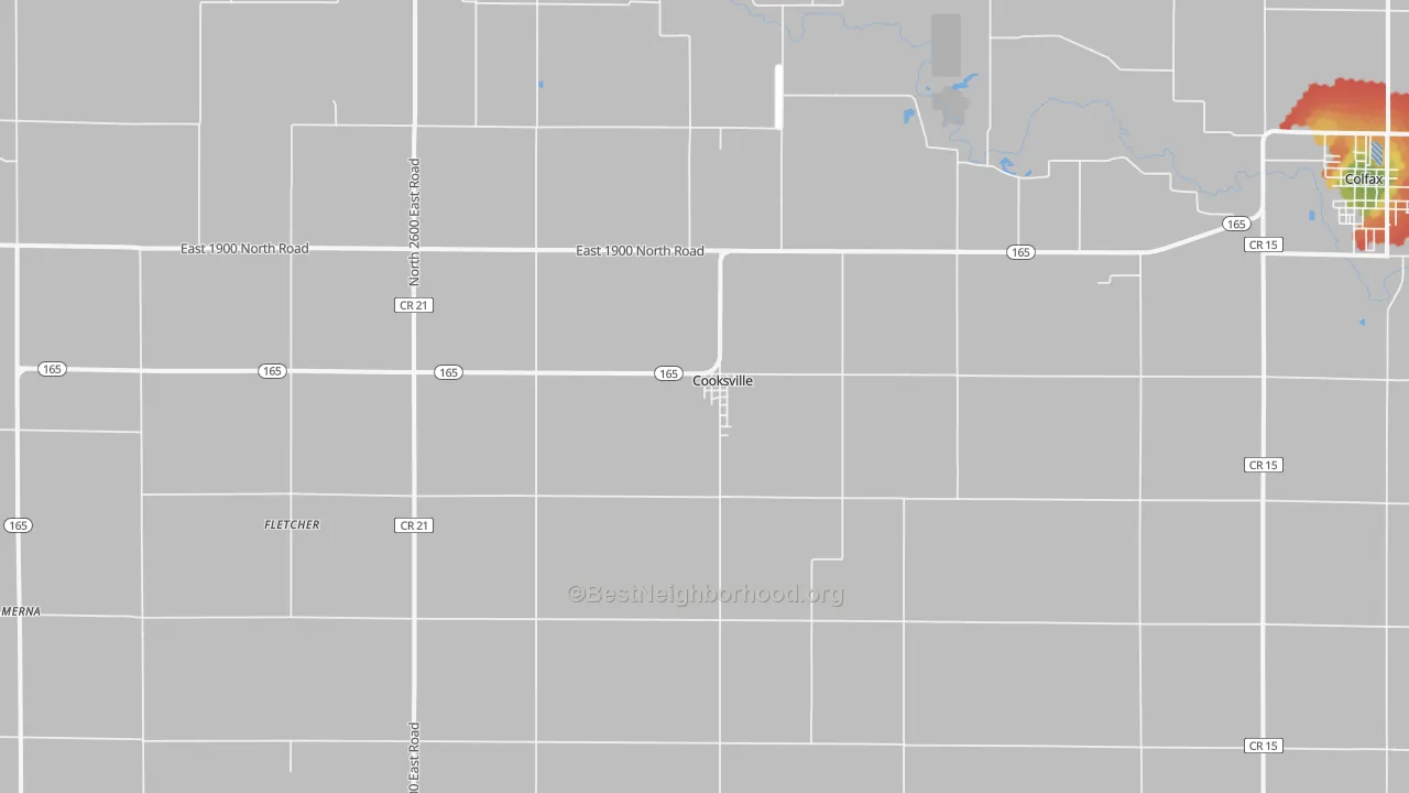 Walk Grade map of Cooksville, IL, walkable areas in green and car-dependent areas in red
