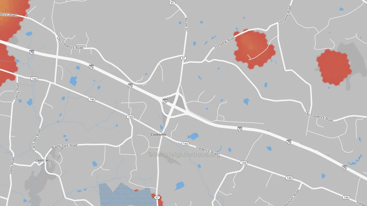 Walk Grade map of Cooksville, MD, walkable areas in green and car-dependent areas in red